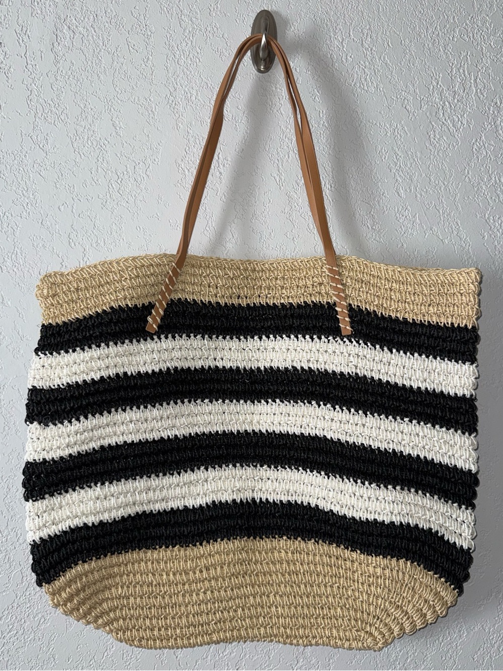 Striped Straw Tote Shoulder Bag - Black, White, Tan